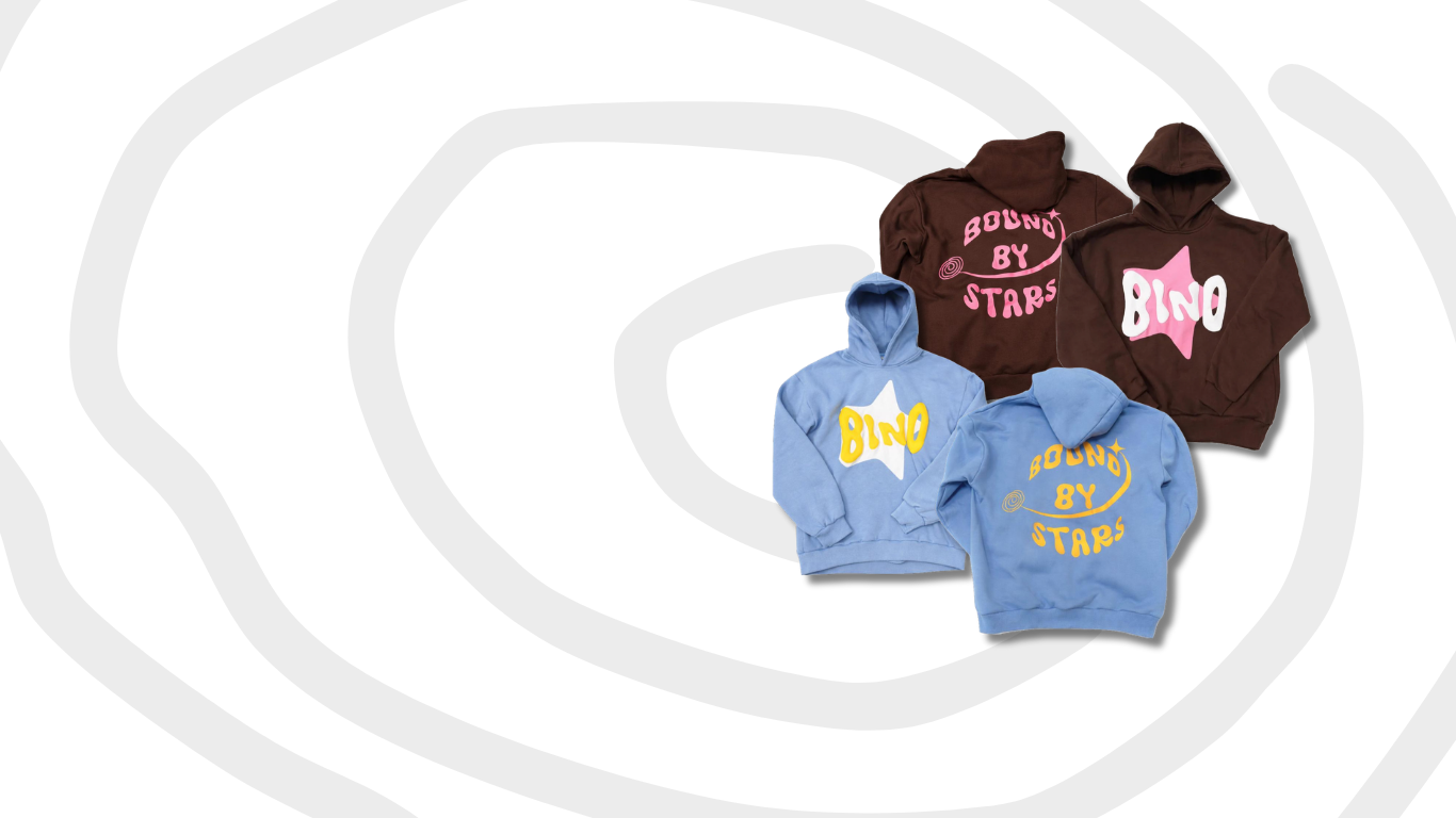 Two streetwear blue hoodies and two brown hoodies with "bound by starts" text on a white background with grey spiral
