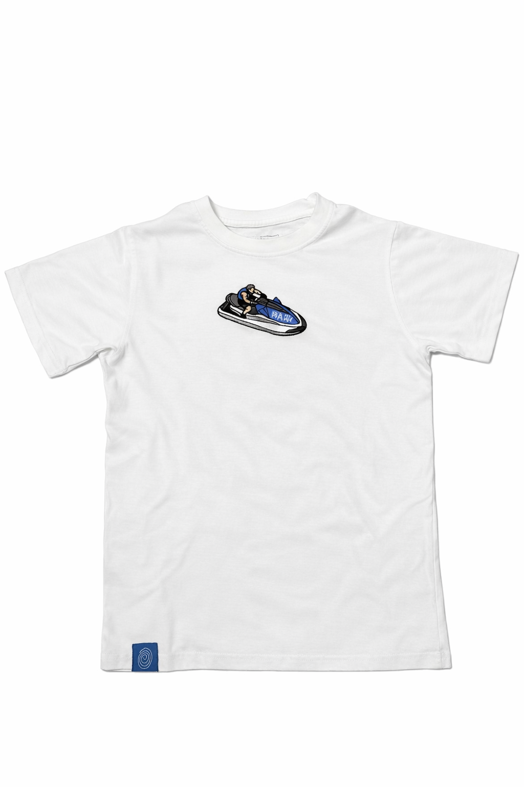 White t-shirt with a small graphic on a white background