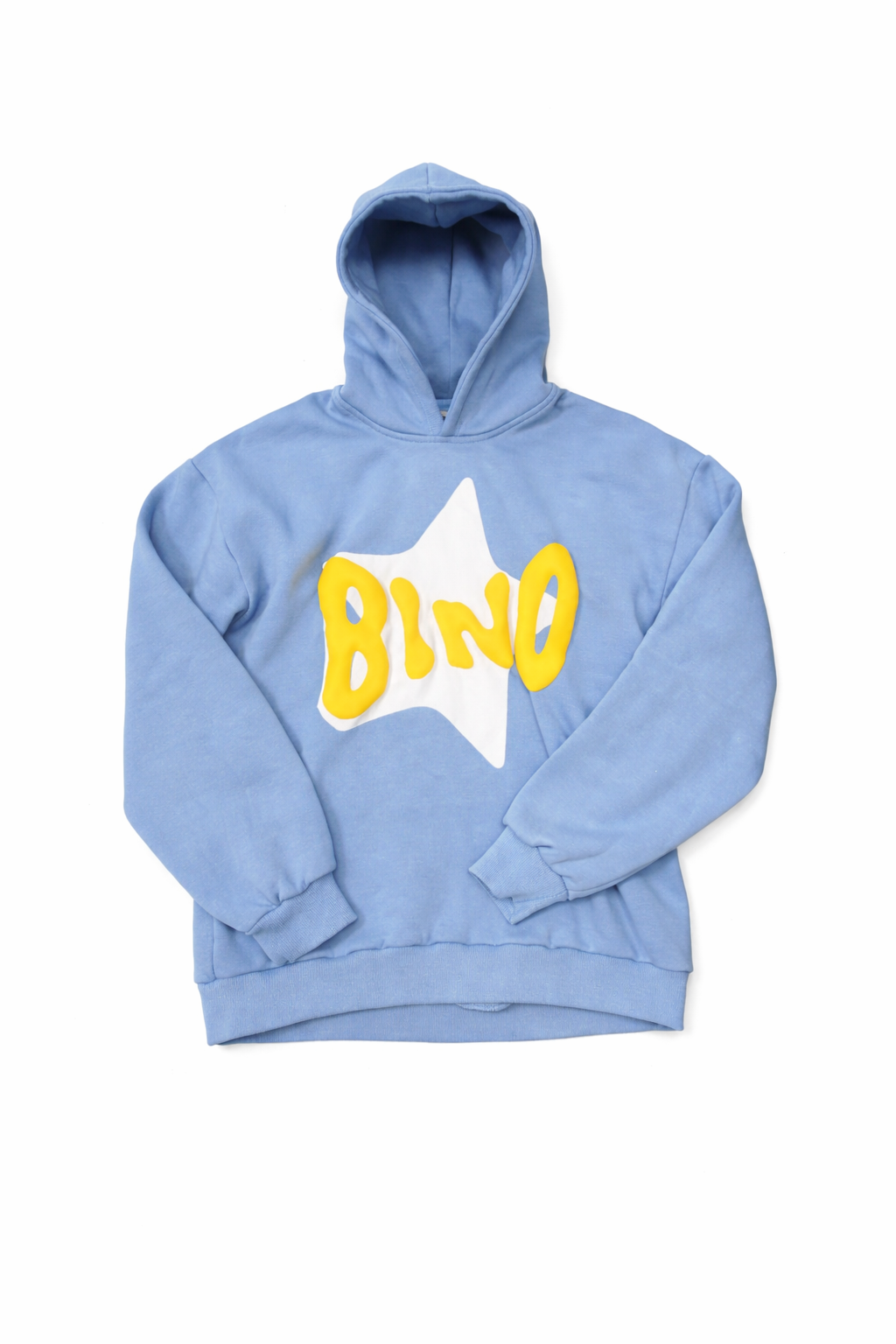 Oversized Blue UAE streetwear hoodie with yellow 'BIND' text and star design on a white background