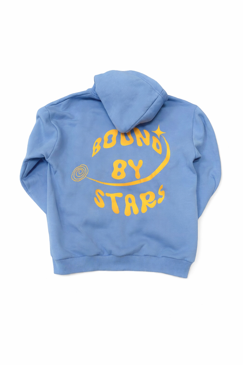 Blue hoodie with yellow text 'Bound by Stars' on a white background