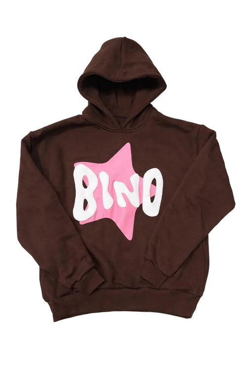 Brown hoodie with a pink star and white text on a white background