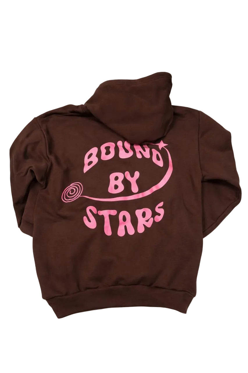 Brown hoodie with pink text on the back against a white background