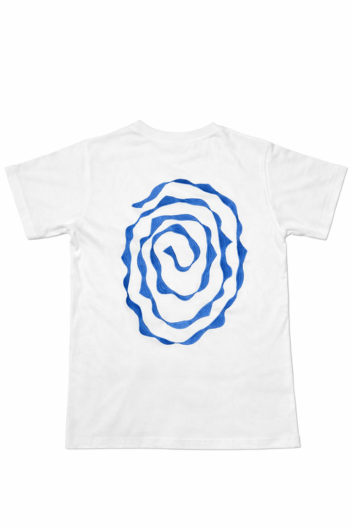 White t-shirt with a blue spiral design on a white background