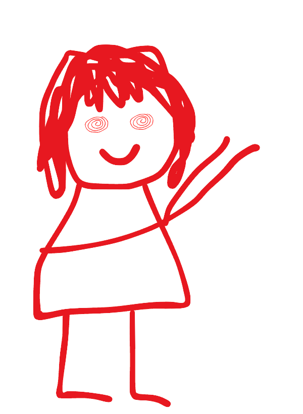 Red stick figure drawing of a girl with red hair on a white background