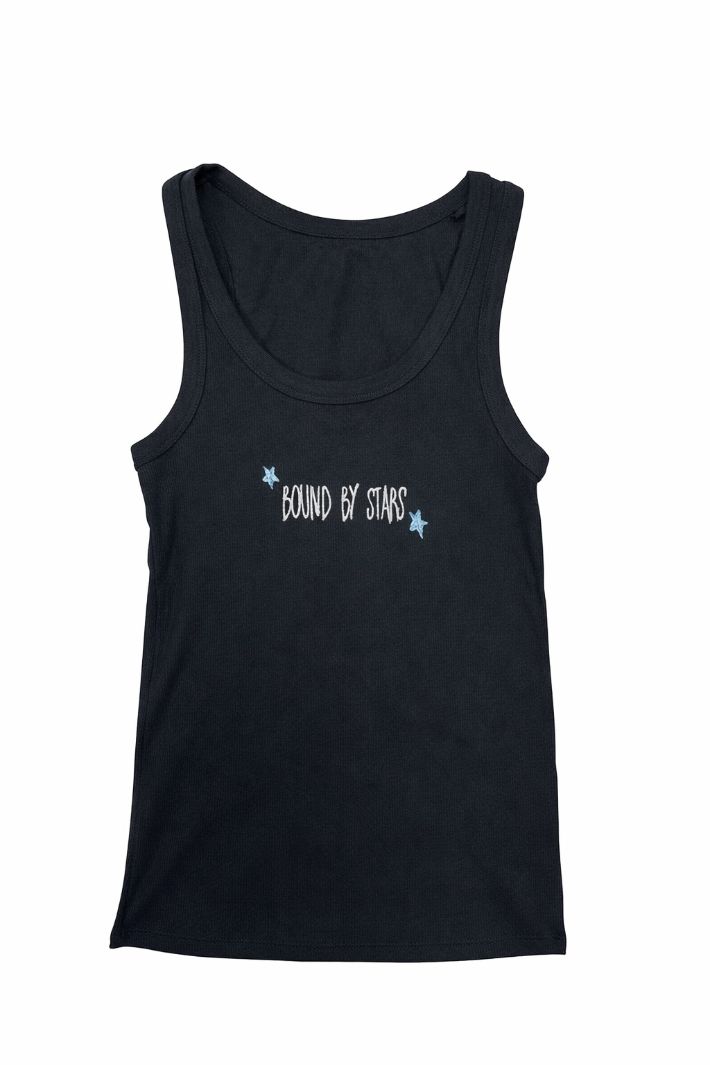 Black tank top with 'bound by stars' text and star graphics on a white background