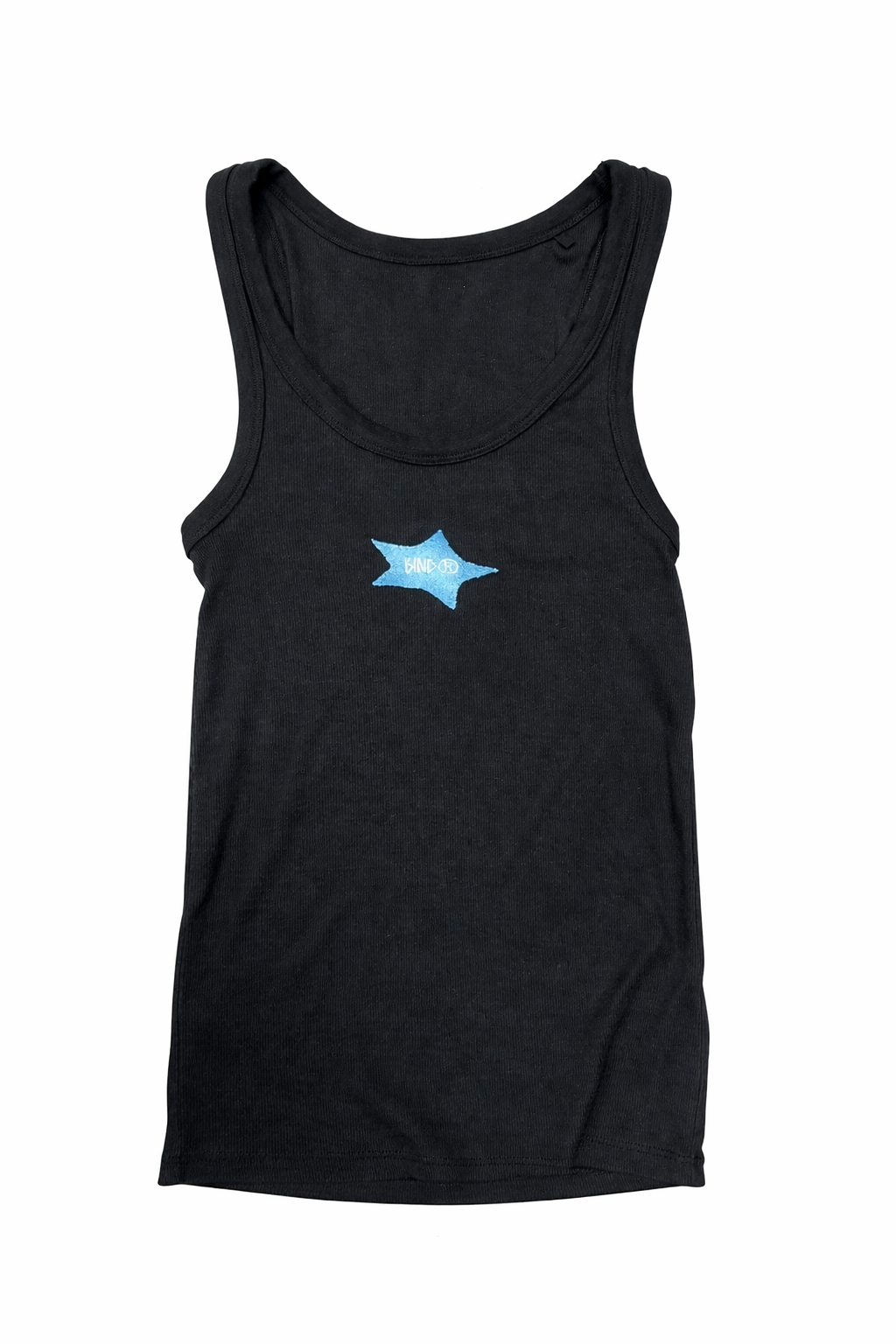 Black tank top with a blue star design on a white background